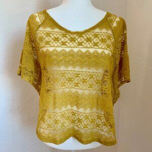 LOLA Mustard Yellow Lace Cropped Dolman Short Sleeve Top L